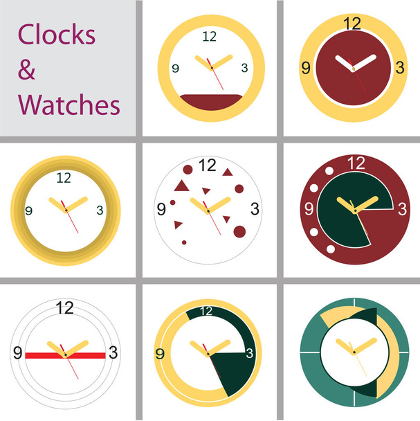 カラフルな時計、異なるベクトルのデザインのセットをベクトル ベクトル セットの異なるカラフルな時計、時計デザイン時計、ベクトルの時計の文字盤、簡単な変更の時間中、線でクロック - ベクター画像