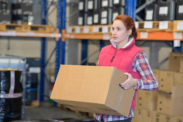 female worker carrying a box in warehouse - Zdjęcie, obraz