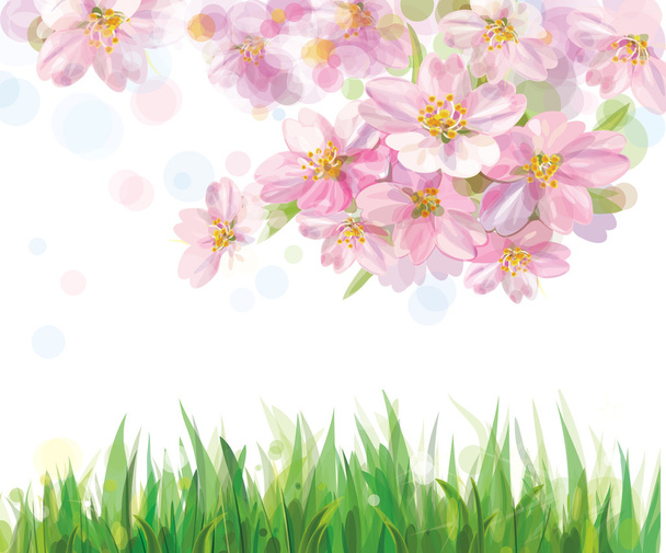 vector van de lente bloeien treeand groen gras. - Vector, afbeelding