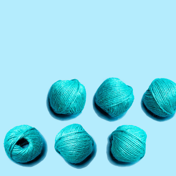 Set of blue hemp threads isolated on blue color background. Colorful Tones, Flat lay. copy space for your text - Φωτογραφία, εικόνα