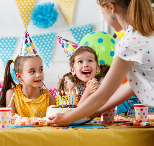 children's birthday. happy kids with cake and ballon - Photo, Image