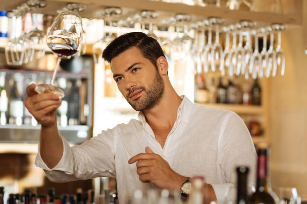 Delighted positive man looking at the glass with wine - Photo, image