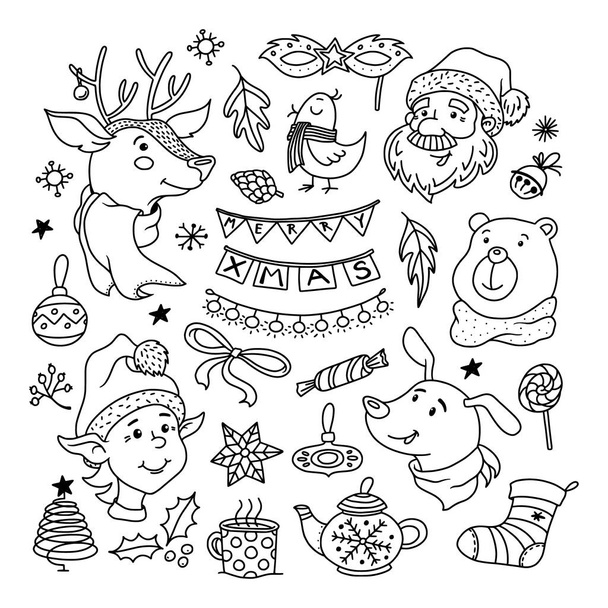 Christmas doodle set with santa, deer, dog and elf - Vector, imagen