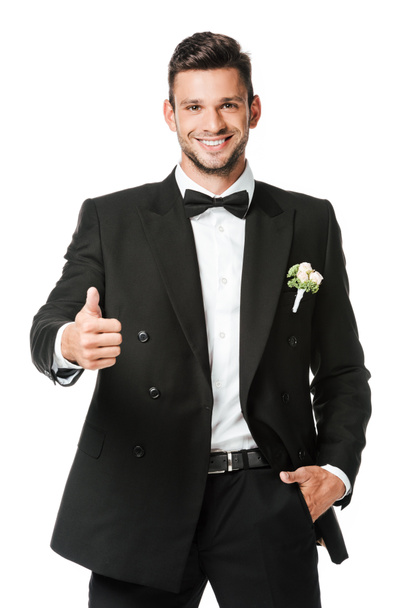 happy young groom showing thumb up at camera isolated on white - Photo, Image