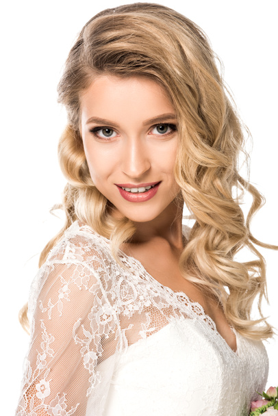 close-up portrait of beautiful young bride looking at camera isolated on white - Foto, Imagen