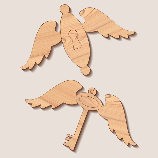 Wooden key and keyhole with wings - Vector, Image