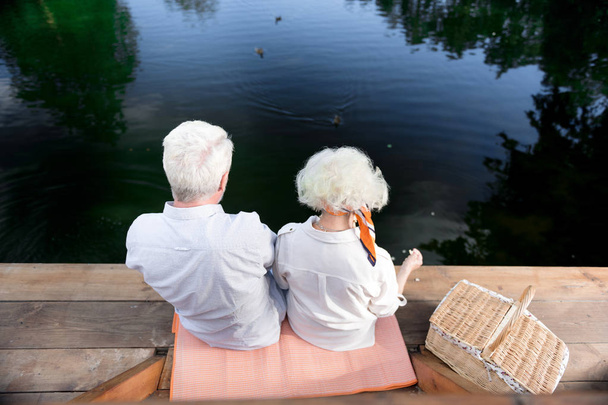 Couple of retired people sitting near their hamper feeding ducks in lake - 写真・画像