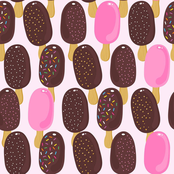 sweet ice cream regular rows chocolate  strawberry fudge sugar sprinkles and nuts summer hot seamless pattern on pink background - Vector, Image