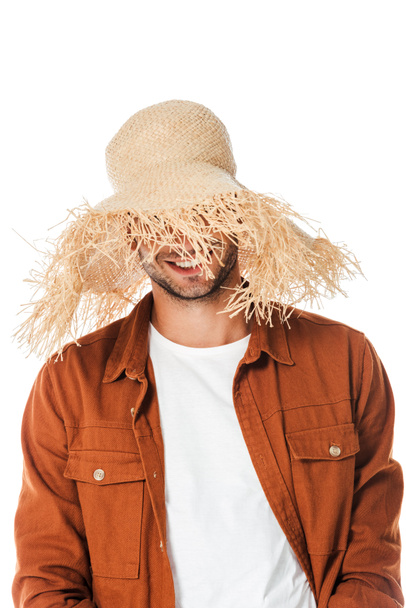 白で隔離の麦わら帽子の男を笑顔の肖像画 - 写真・画像