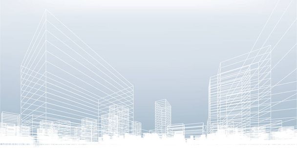 Abstract wireframe city background. Perspective 3D render of building wireframe. Vector illustration. - Vector, Image