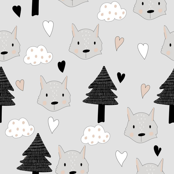 Seamless pattern of cute wolf and forest. For printing on fabric, paper. Children's book illustration. Scrawl. - Vektor, kép