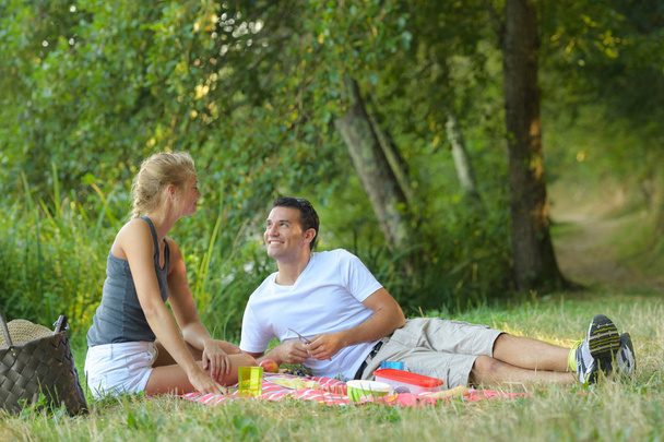 young happy amorous couple on picnic outdoors - 写真・画像