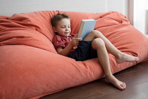 A cute preschool boy sitting reading a book on a soft chair. - 写真・画像