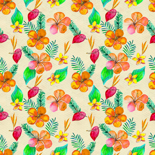 Seamless pattern With Tropical Flowers. Watercolor Background - Zdjęcie, obraz