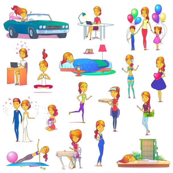 Set of isolated lady or woman, girl activity - Vector, Image
