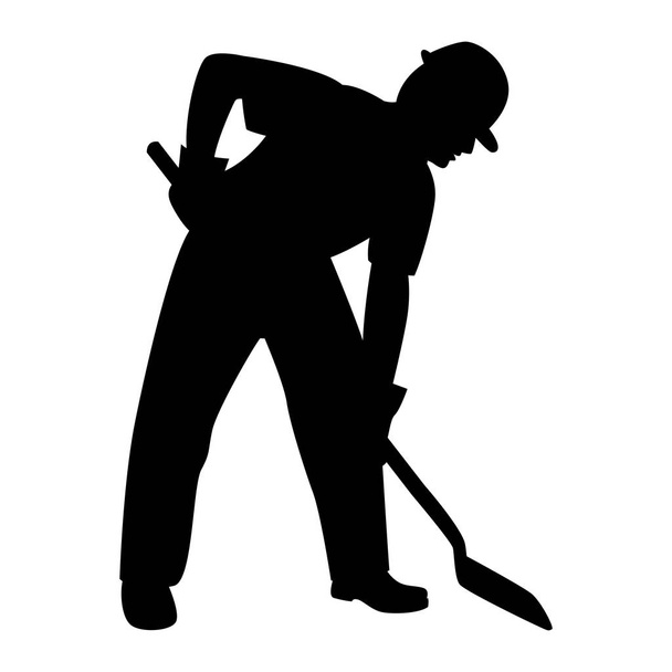 worker at helmet  with a shovel vector illustration  silhouette - Вектор,изображение