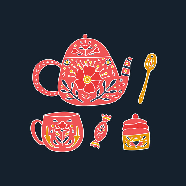 Vector set of candy, cupcake, spoon,  teapot and cup decorated with flowers and leaves.  - Vector, Image