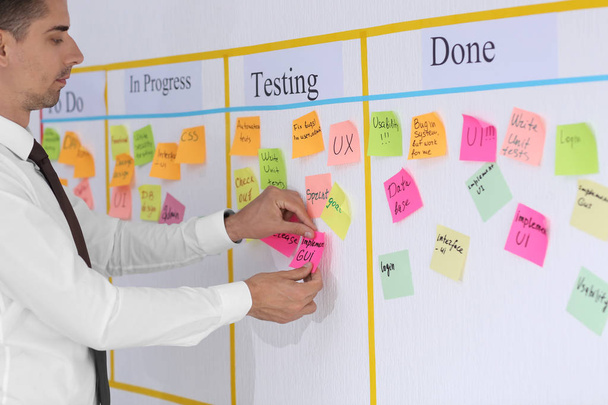 Man near scrum task board with stickers in office - Photo, Image