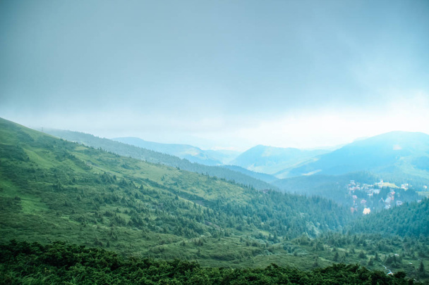 Το καλοκαίρι πράσινα Καρπάθια Όρη στην Ουκρανία. Ο ουρανός είναι πάνω από τα βουνά. Ατμοσφαιρικά τοπία ενώ ταξιδεύετε σε ένα τζιπ. Offroad αποστολής. - Φωτογραφία, εικόνα