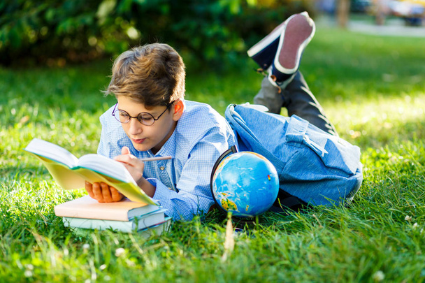 bonito, jovem estudante em óculos redondos e camisa azul encontra-se na grama e mantém um livro em suas mãos, lê no parque. Educação, de volta ao conceito de escola
 - Foto, Imagem
