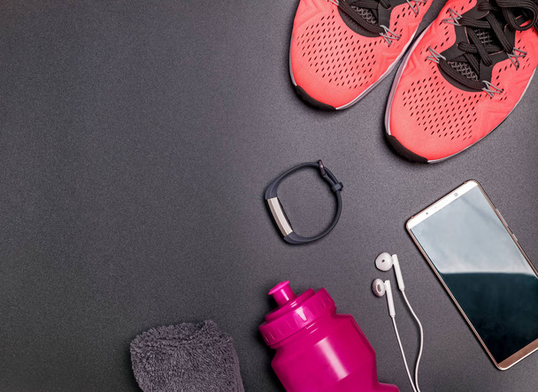 Fitness accessories like sneakers, bottle with water and other - Fotoğraf, Görsel