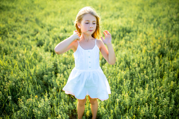 緑のフィールドでポーズをとって白いドレスで愛らしい小さな子供 - 写真・画像