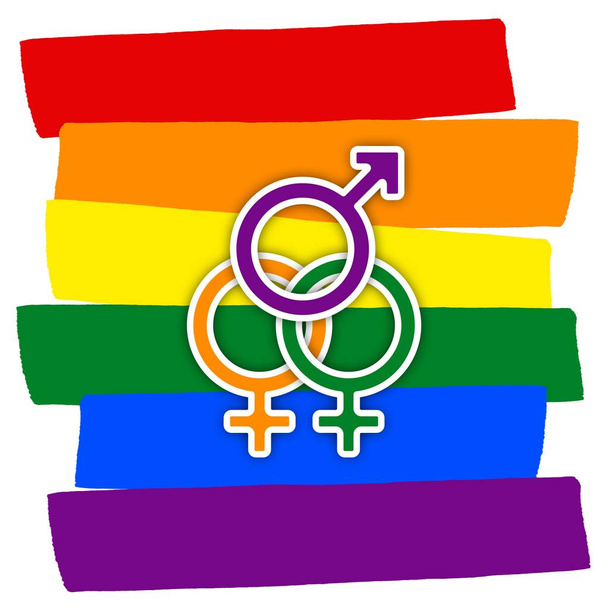 色とりどりの虹色の旗を持つ同性カップル愛、Lgbt カップル シンボル、一人の男と 2 つの女性 - 写真・画像