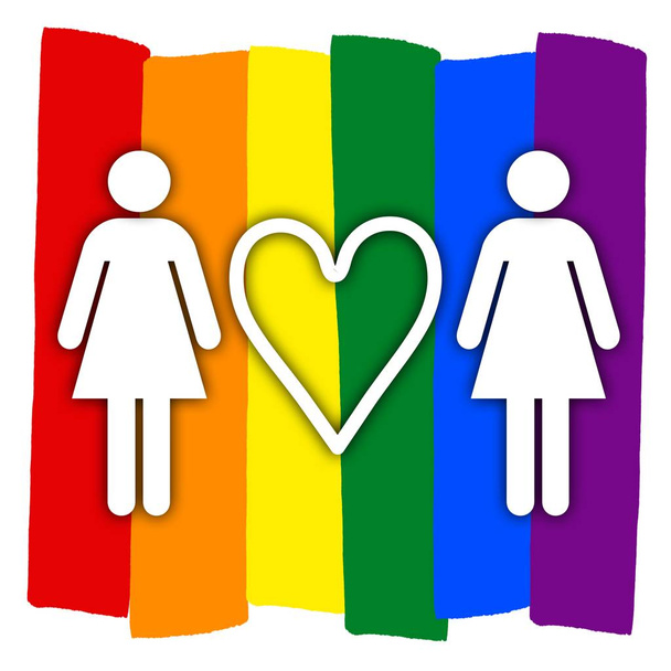 schwules Paar mit buntem Regenbogenkreis Liebe, lgbt Paar Symbol, zwei Frau mit Herz - Foto, Bild