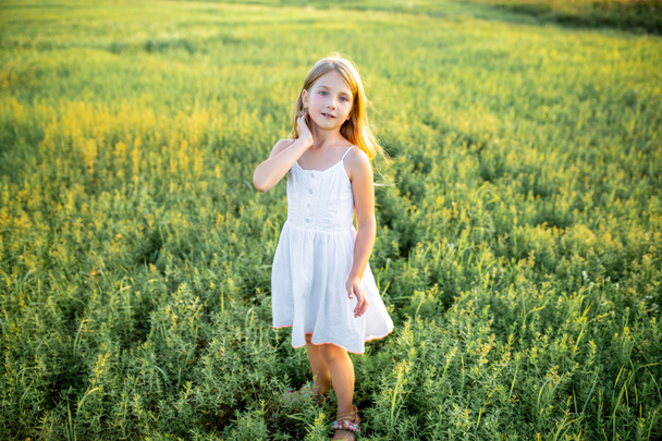милый маленький ребенок в белом платье позирует на поле и смотрит в камеру
 - Фото, изображение