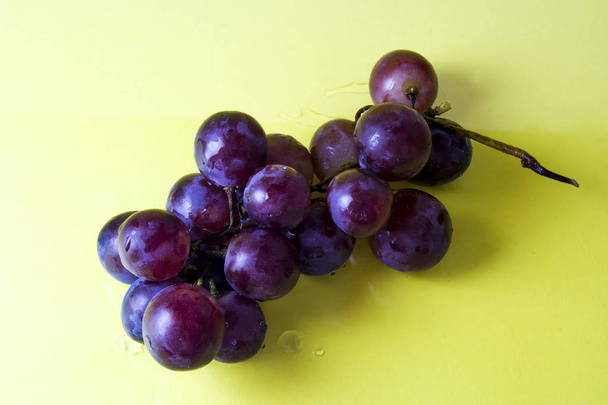 Winogrona granatowe, na białym tle nad żółtym tle z kropli wody - Zdjęcie, obraz