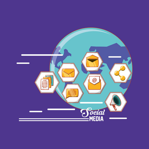 world social media technology communication icons hexagon shape - Vector, Image