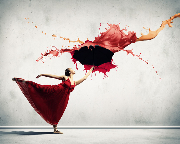 Ballet dancer in flying satin dress with umbrella - Photo, image