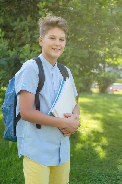 cute, smart, young boy in blue shirt stands on the grass with  workbooks in the park in the summer. Back to school, education concept - Foto, imagen