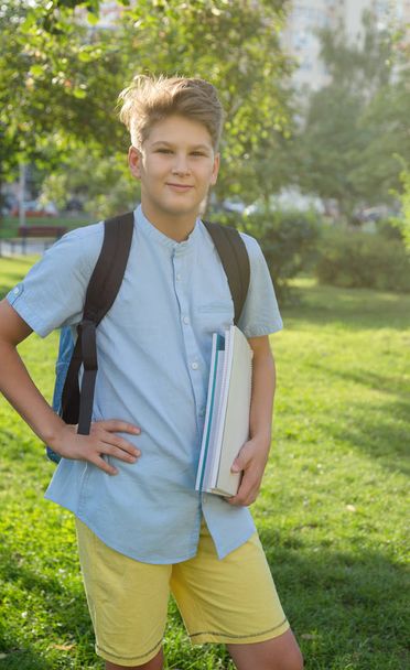 青いシャツを着てかわいい、若い男の子は、夏に公園の彼の腕でノートを保持します。学校、教育理念に戻る - 写真・画像