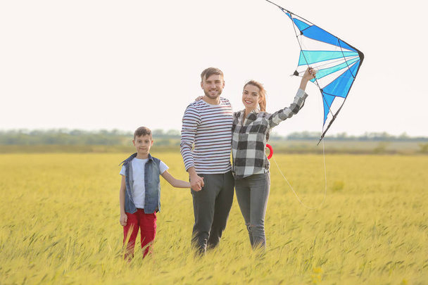 Szczęśliwe rodziny latający latawiec w polu - Zdjęcie, obraz
