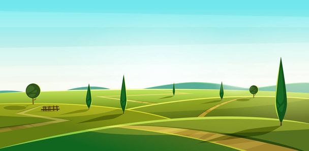 Straße auf den Hügeln. Sommerlandschaft. Blick ins Tal. schöne grüne Wiesen mit und Wiese, Berge und blauer Himmel  - Vektor, Bild