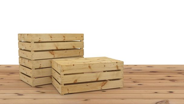 Rendering 3D di tre casse di legno capovolte per frutta o verdura sul pavimento in legno. Isolato su sfondo bianco
. - Foto, immagini