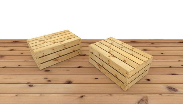 3D render van twee houten kist ondersteboven voor vrucht of groente op houten vloer. Geïsoleerd op witte achtergrond. - Foto, afbeelding
