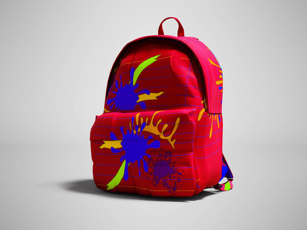 Gölgeli gri arka plan üzerinde kırmızı okul çantası sırt çantası noktalar doğru görünümü 3d render ile - Fotoğraf, Görsel