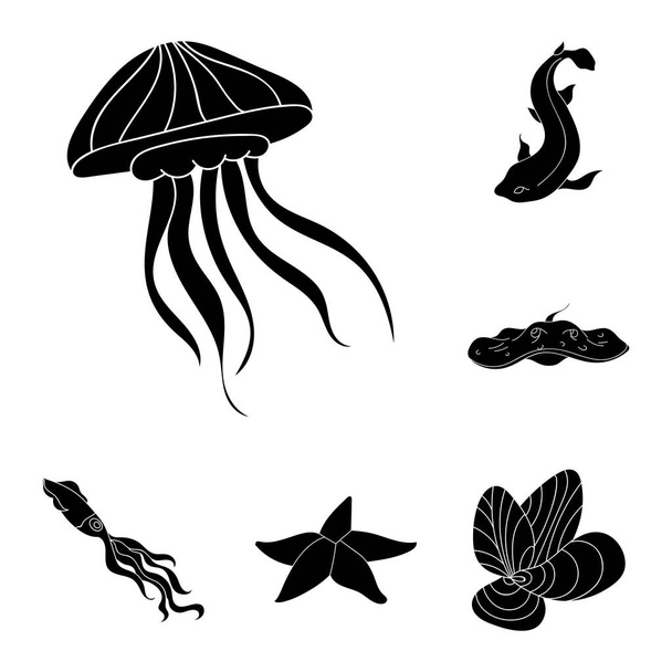 A variety of marine animals black icons in set collection for design. Fish and shellfish vector symbol stock web illustration. - Vector, Image