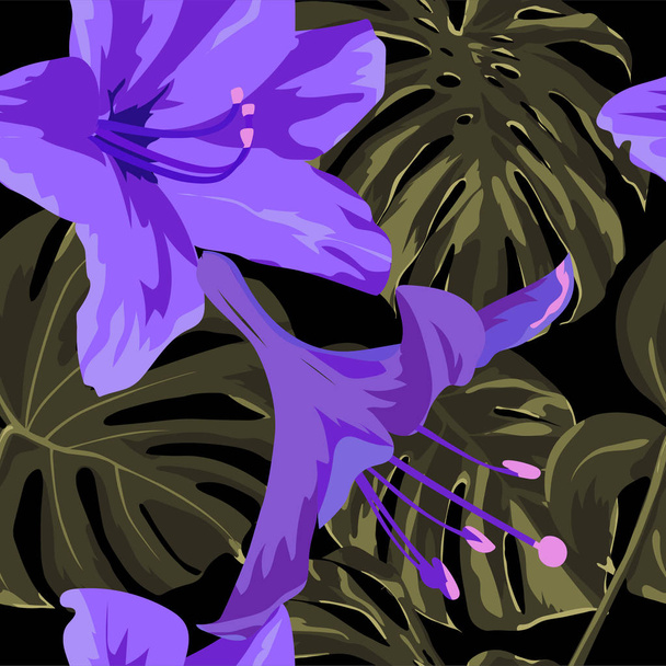 Tropical Print. Jungle Seamless Pattern. Vector Tropic Summer Motif with Hawaiian Flowers.  - Vecteur, image