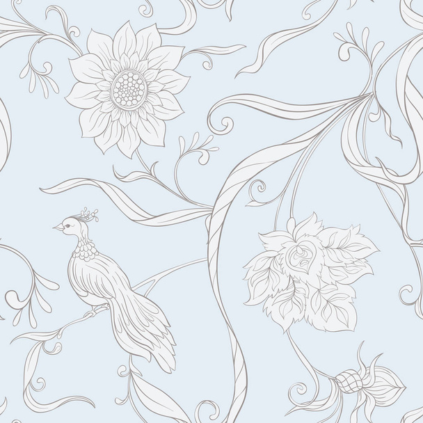 Vintage flowers and birds seamless pattern, background. - Vektör, Görsel