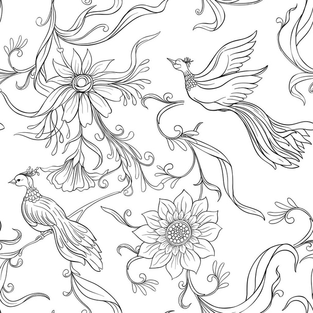 Vintage flowers and birds seamless pattern, background. - Vektori, kuva