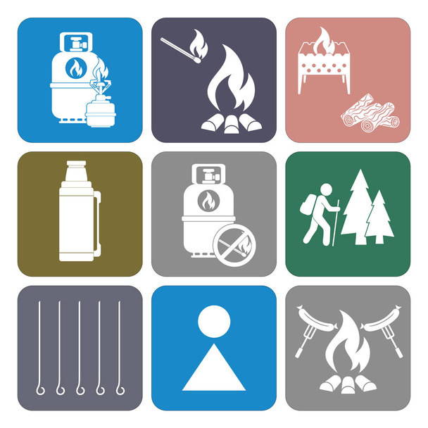 Set van camping uitrusting iconen. Vectorillustratie - Vector, afbeelding