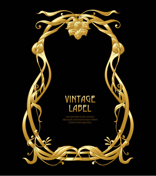 Frame, border in art nouveau style in gold color on black background. Label for products or cosmetics. Vintage, old, retro style. Stock vector illustration. - Vector, imagen