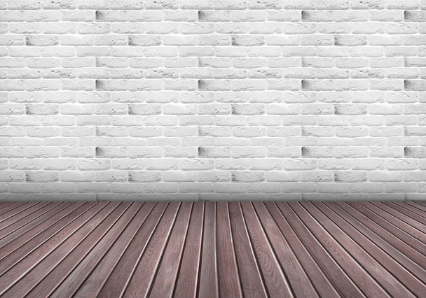 Fondo de una habitación vacía de luz con una pared de ladrillo blanco y un suelo de madera
 - Foto, imagen