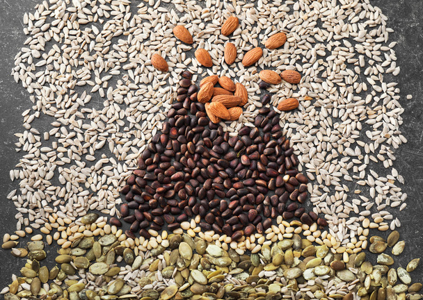 Composición con diferentes frutos secos y semillas sobre fondo gris
 - Foto, imagen