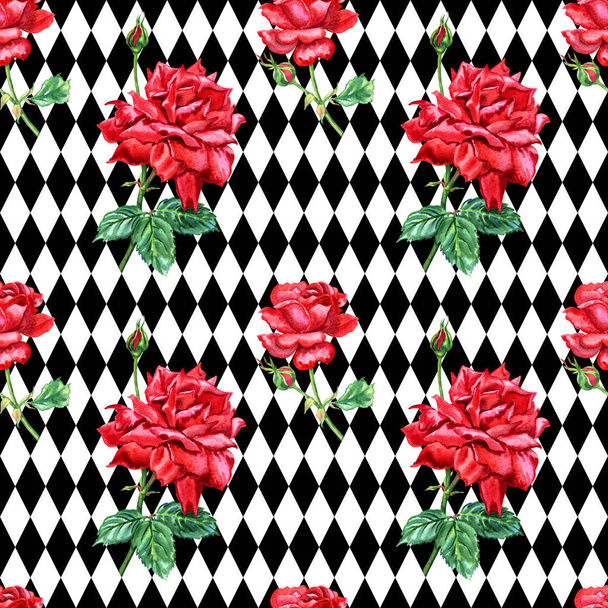 Seamless pattern of red roses on a background of black and white rhombuses. Flower print for fabric and other designs. - Zdjęcie, obraz