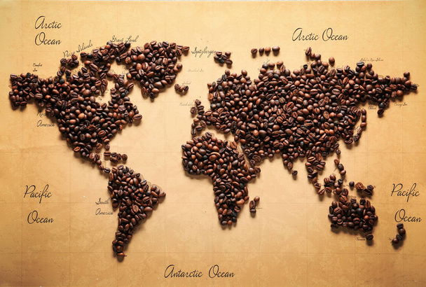 Mappa del mondo di chicchi di caffè tostati, vista dall'alto
 - Foto, immagini