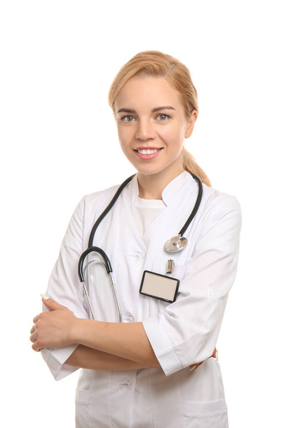 Young beautiful doctor on white background - Zdjęcie, obraz